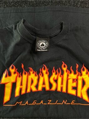 Thrasher Black Tee with Yellow and Orange Flame Logo